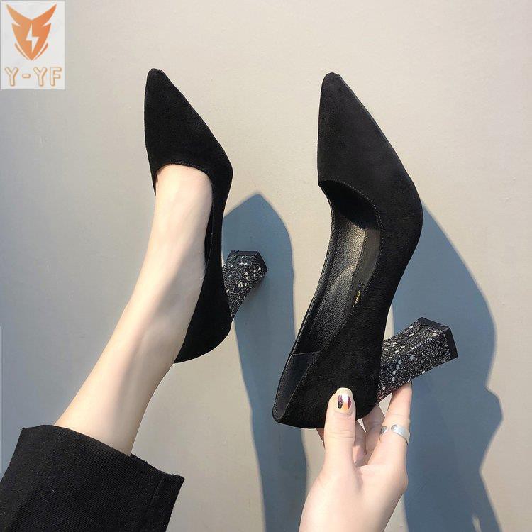 [High quality]Shoes women spring 2021 new thick heel high heels suede sequins sexy pointed toe women's single shoes shallow mouth women's shoes