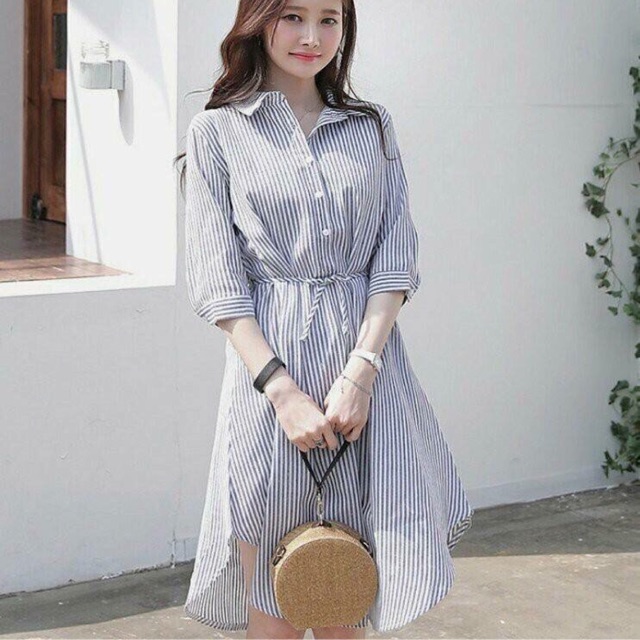 Đầm Sơ Mi Cột Eo Sọc Xanh( Ảnh Thật Khách Chụp)