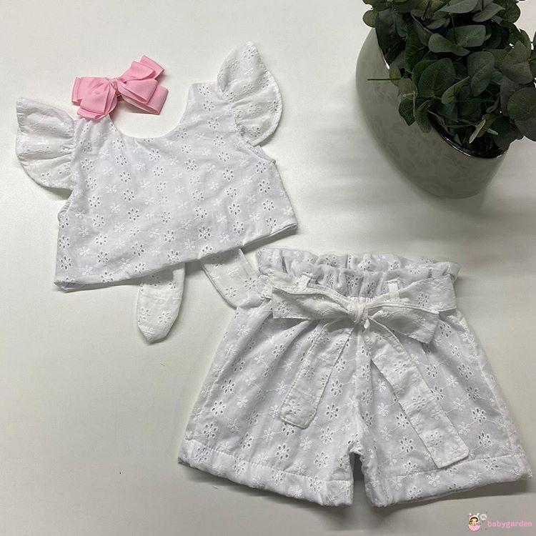Set đồ hai mảnh gồm áo tay cánh tiên hở lưng và quần short dệt Jacquard cho bé gái mặc chụp ảnh dự tiệc sinh nhật