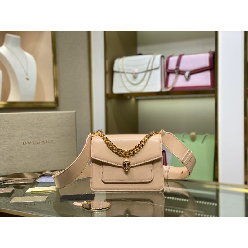 túi xách đeo chéo nữ da thật khóa hình đầu rắn vàng dây quai to Bvlgari