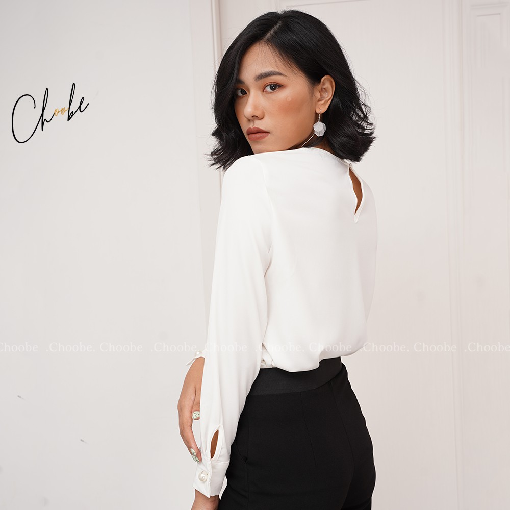 [Mã WABRM4  giảm 15% tối đa 50k đơn 150k] Áo sơ mi nữ Choobe dài tay trắng, cổ cách điệu voan V mềm mại thanh lịch - A16 | BigBuy360 - bigbuy360.vn