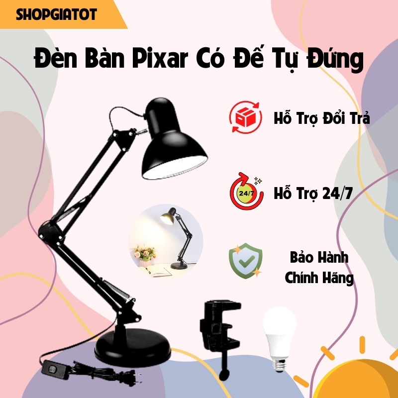 Đèn bàn pixar có đế tự đứng để bàn, học chống cận kèm kẹp bàn loại xịn 2 in1 chống lóa - bảo hành chính hãng