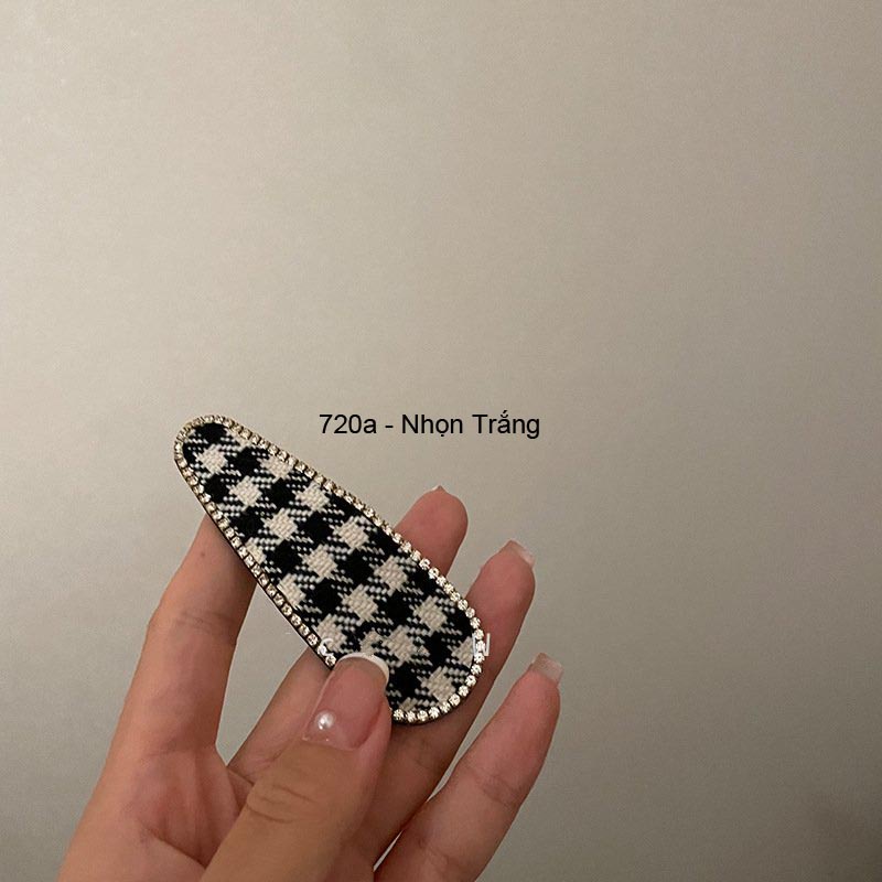 (0720) Cặp Tóc Houndstooth Viền Đá Nổi Bật Cổ Điển Nữ Tính