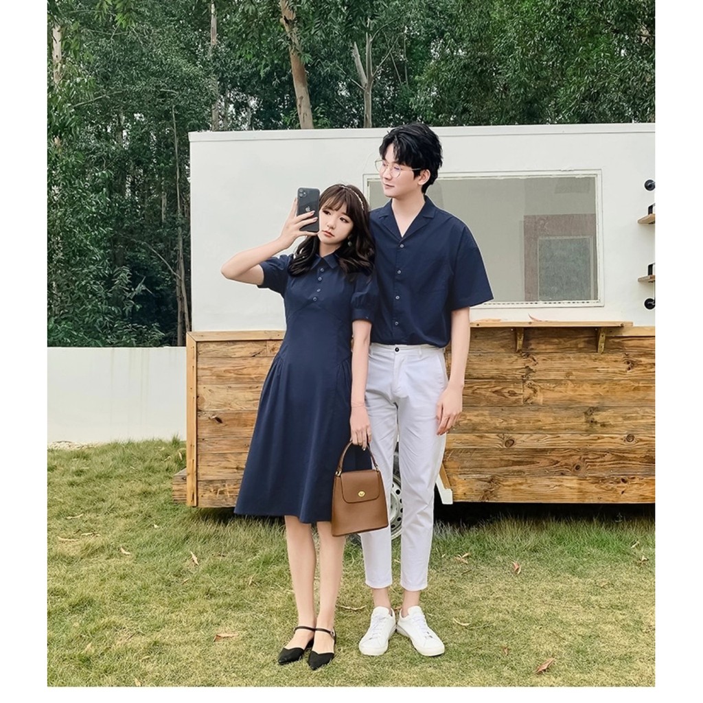 Set váy áo sơ mi đôi ❤️FREESHIP❤ Đồ đôi nam nữ váy nữ dáng dài tay ngắn áo sơ mi nam Hàn Quốc màu xanh than YAME COUPLE