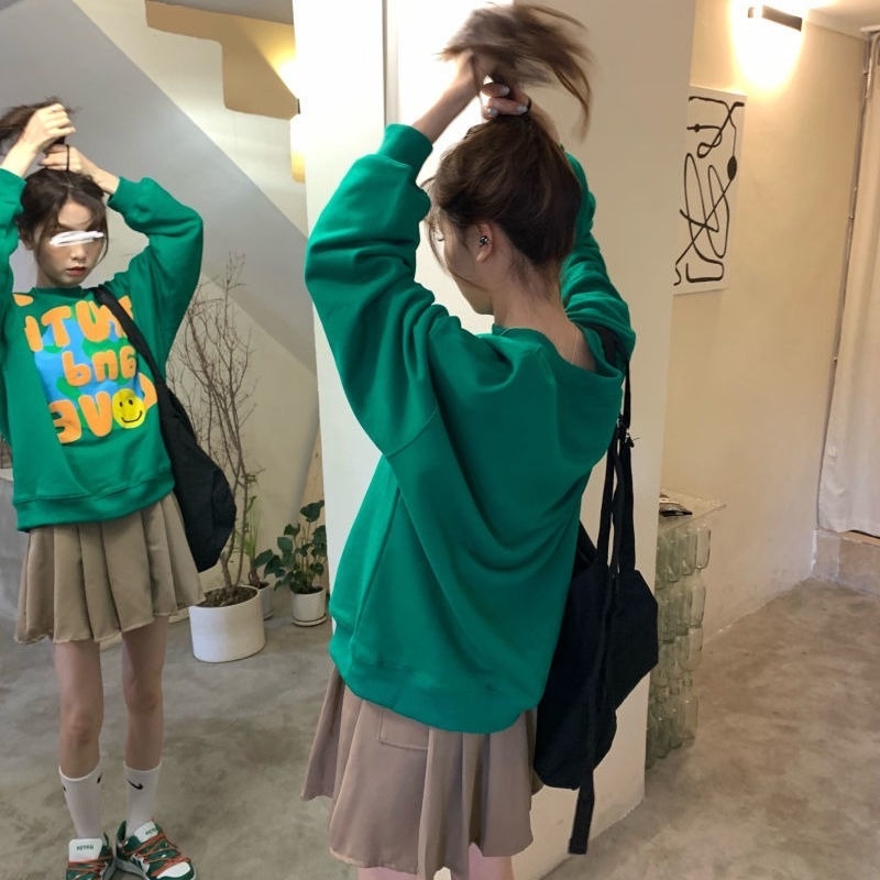 Áo khoác nhung dày dáng rộng in chữ thời trang thu đông cho nữ