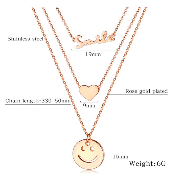 Dây Chuyền Titan Nữ Cao Cấp 3 Tầng Mặt Cười, Trái Tim Và Chữ Smile - Đảm Bảo Không Đen, Không Rỉ Sét