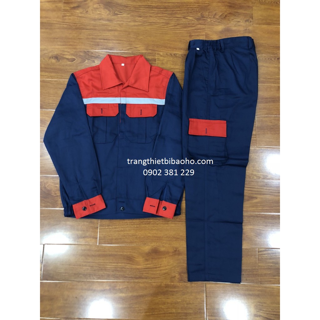 Quần áo bảo hộ vải kaki màu xanh đen phối đỏ quần túi hộp DN14