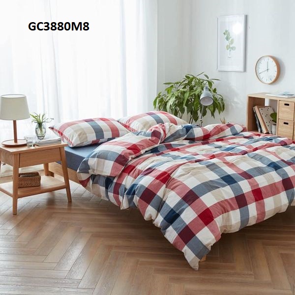 GC3880-Bộ chăn ga gối in kẻ caro chất cotton cao cấp phong cách Nhật