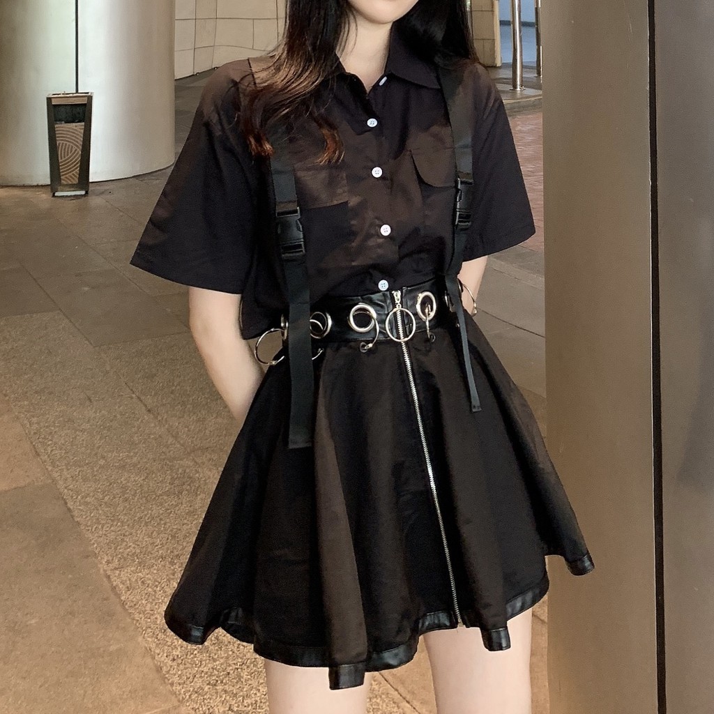 Set Áo Sơ Mi Tay Ngắn + Chân Váy Phong Cách Retro Harajuku Cá Tính