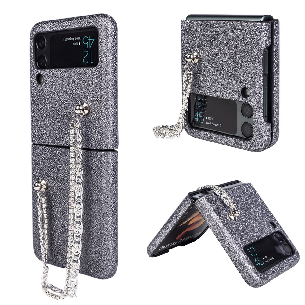 Ốp Điện Thoại Da PU Đính Kim Tuyến Kèm Vòng Đeo Tay Sang Trọng Cho Samsung Galaxy Z Flip 3 4
