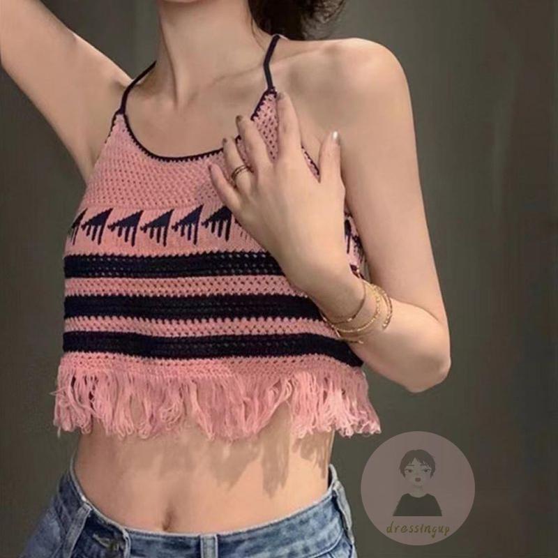 Áo Tank Top Hai Dây Hở Lưng Họa Tiết Kẻ Sọc Phối Tua Rua Cho Nữ