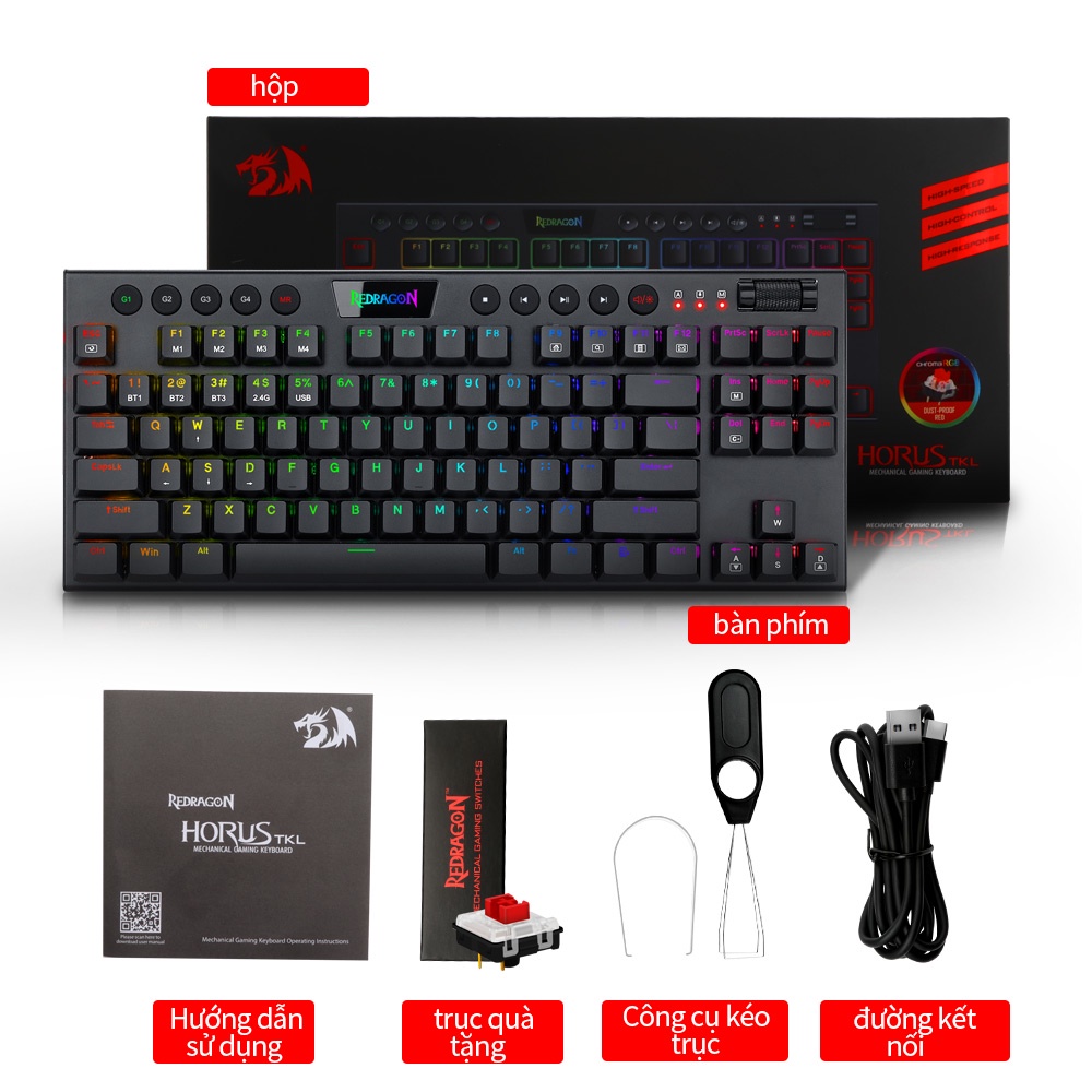Bàn phím cơ chơi game Redragon Horus TKL K621 RGB kết nối bluetooth 5.0 2.4G 3 chế độ 97 phím