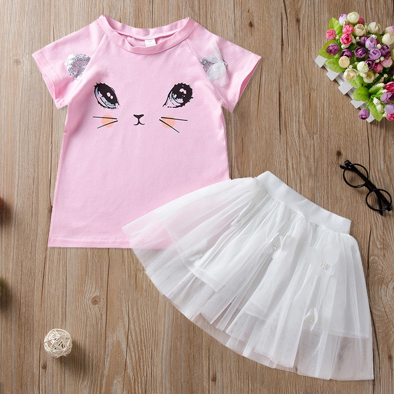 Set Áo Thun Tay Ngắn In Hình Hoạt Hình &amp; Chân Váy Lưới Cho Bé Gái
