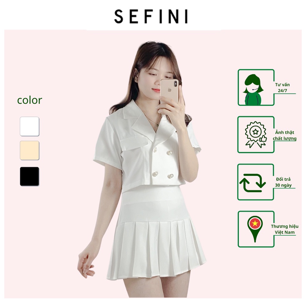 Set công sở nữ 2 món SEFINI (3 màu), ulzzang, áo cổ vest, tay ngắn, croptop, đính cúc, váy xếp ly chữ A setvest1