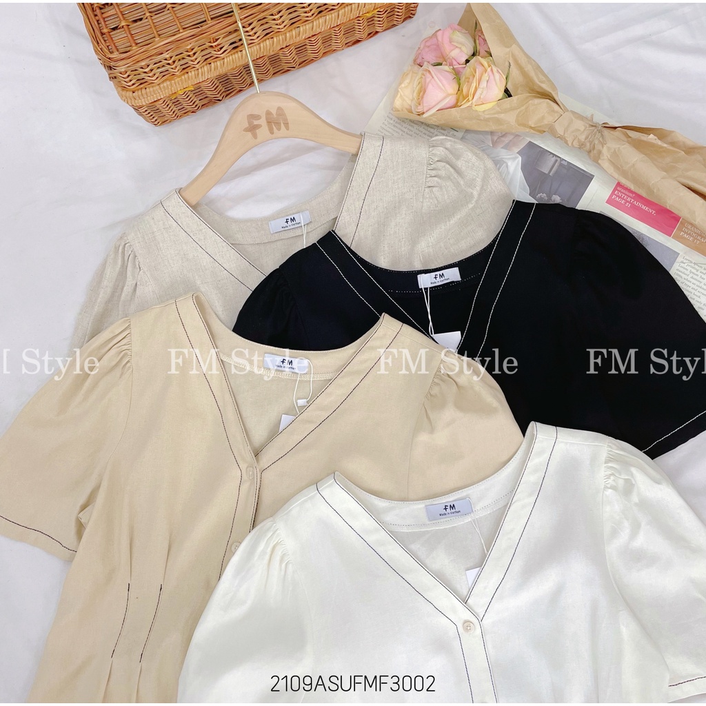 Áo kiểu nữ FM Style tay ngắn cổ v hoạ tiết chỉ nổi basic thời trang công sở 210930051
