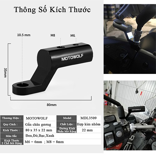 Pad mở rộng CNC gắn chân gương xe máy MOTOWOLF