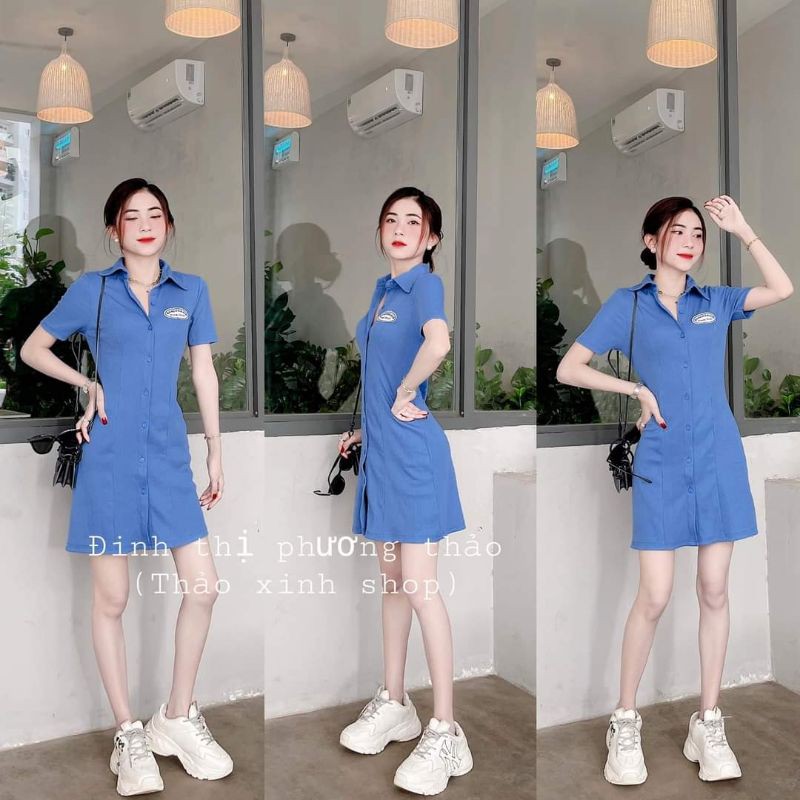 Váy polo xanh da trời, hồng thêu lôgo dự tiệc cổ vest trơn cúc rời samg chảnh