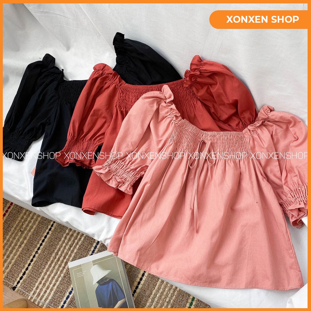 Áo kiểu nữ babydoll cộc tay trễ vai, chất vải mịn mát FREESIZE.