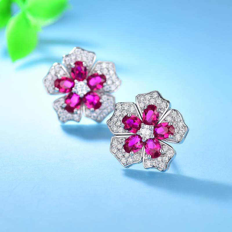 Bông Tai Bạc S925 Đính Đá Ruby Tự Nhiên