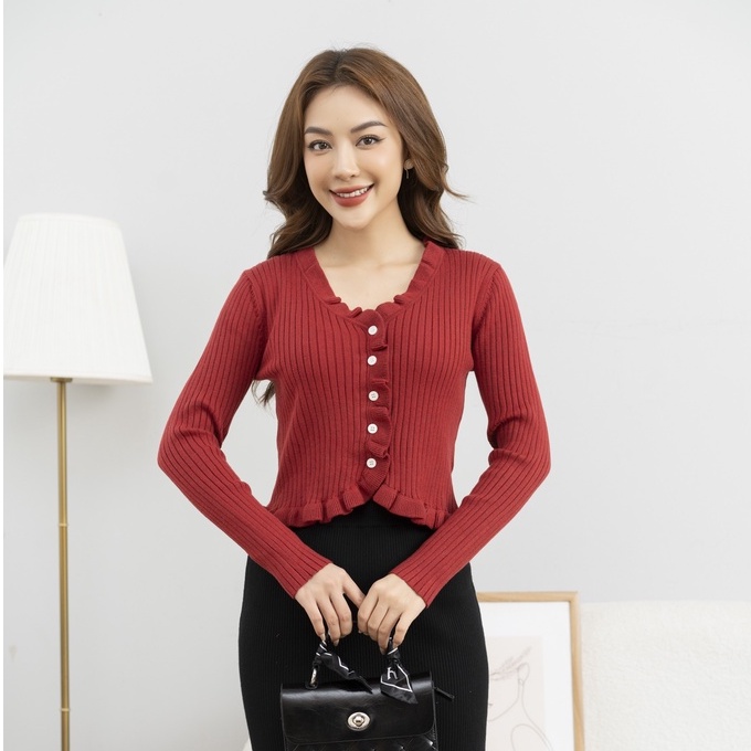 Áo len nữ FIONA cổ bèo áo len cardigan cổ nẹp mở đính cúc thân trước phong cách Hàn Quốc F852748
