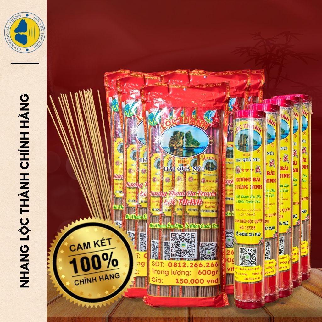 Nhang Lộc Thành, Combo 5 ỐNG 30cm và 5 THẺ 600gr, hương bài Quảng Ninh, đậu tàn, ít khói