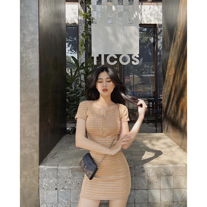 Đầm body nữ tay ngắn HHVINTAGE kiểu bấm nút thun co giãn Dress A15