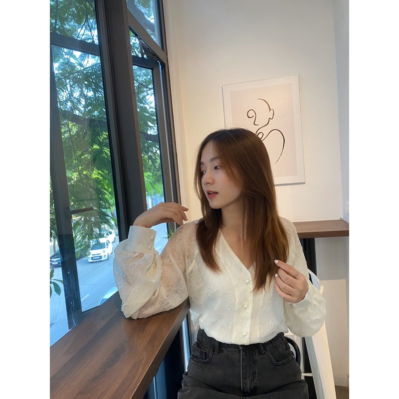 Áo sơ mi nữ voan vàng nhạt (tặng kèm áo dây cotton trắng) Floral Harriet