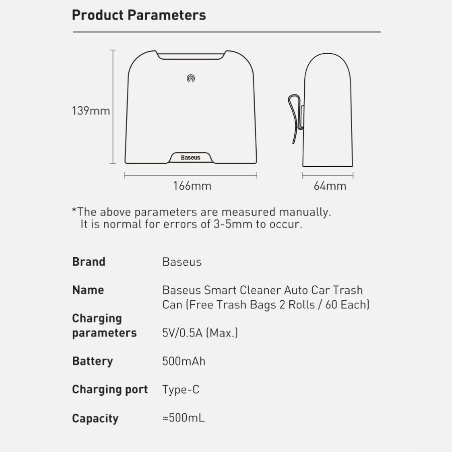 Thùng rác cảm ứng gắn xe ô tô Baseus, thùng rác pin sạc mini cảm biến mở nắp tự động thông minh, kèm 60 túi rác LVC006