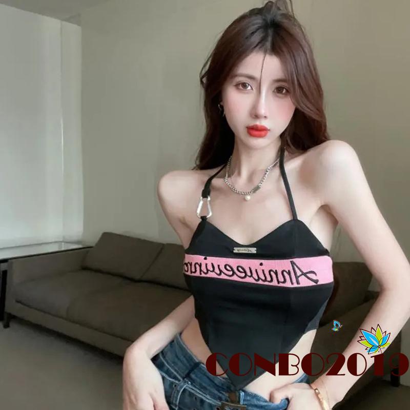 Áo Lửng Cổ Yếm Không Tay Thêu Chữ Thời Trang Mùa Hè Cho Nữ