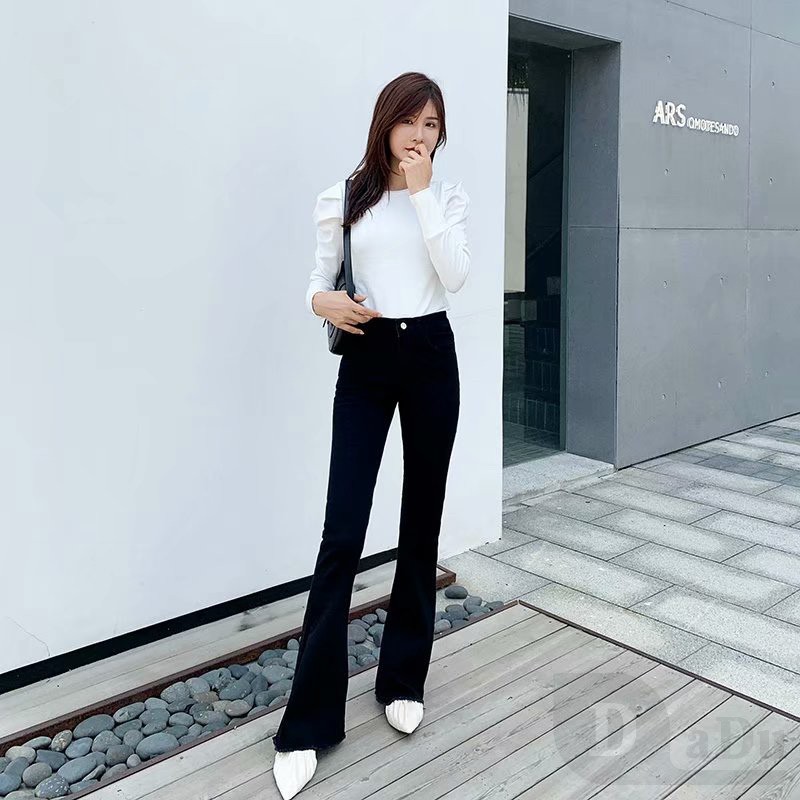 Quần Jean Dài Lưng Cao Ống Loe Màu Trơn Thời Trang Trẻ Trung