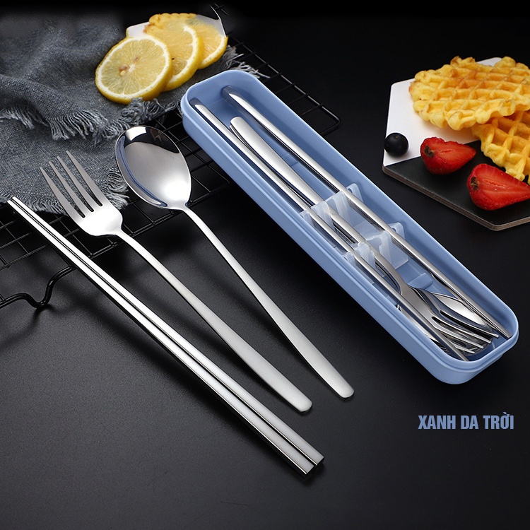 Bộ muỗng thìa đũa dĩa cơm Văn phòng Inox 304 Loại 1, kèm hộp Lúa mì Minh House