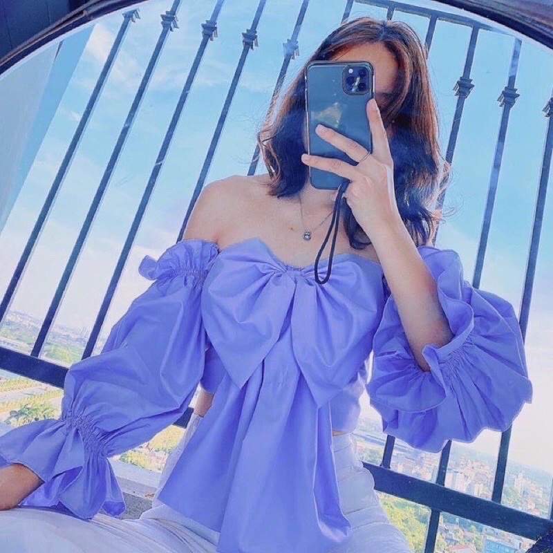 Áo voan trễ vai nơ to màu trơn phong cách dễ thương xinh xắn - Mã: 22 TV-FASHION