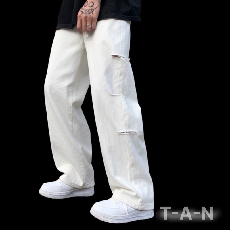 Quần KaKi Và Jeans Ống Rộng Sé Rách Thời Trang Hàn Quốc T-A-N Full size nam nữ QJKR trắng kem màu đen và xám