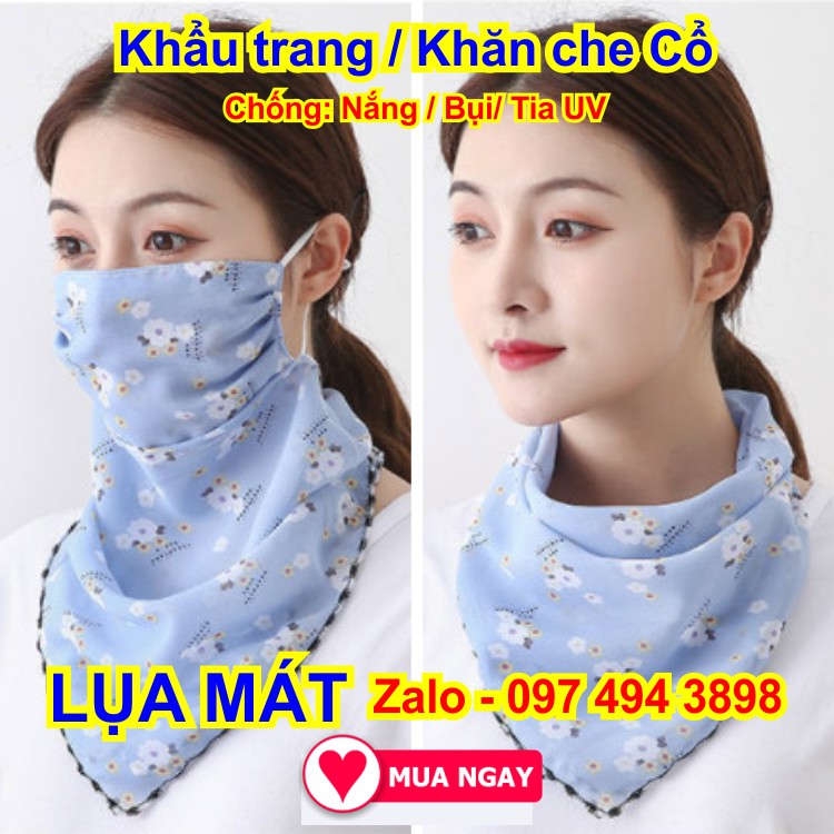 Khẩu trang kèm khăn che cổ bằng vải lụa mát, chống nắng mặt &amp; cổ mát rượi màu xanh dương