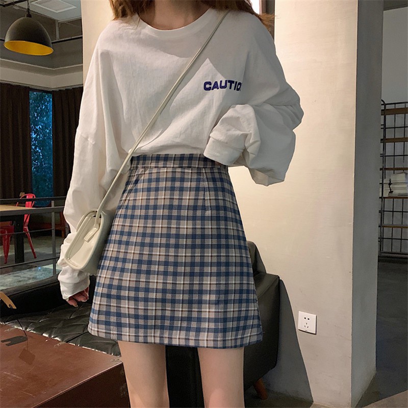 Set Chân Váy Kẻ Caro và Áo Thun Nữ Dài Tay Cautio ❤️ Hana Store - Freeship ❤️ Bộ chân váy kẻ caro nữ Ulzzang & áo thun