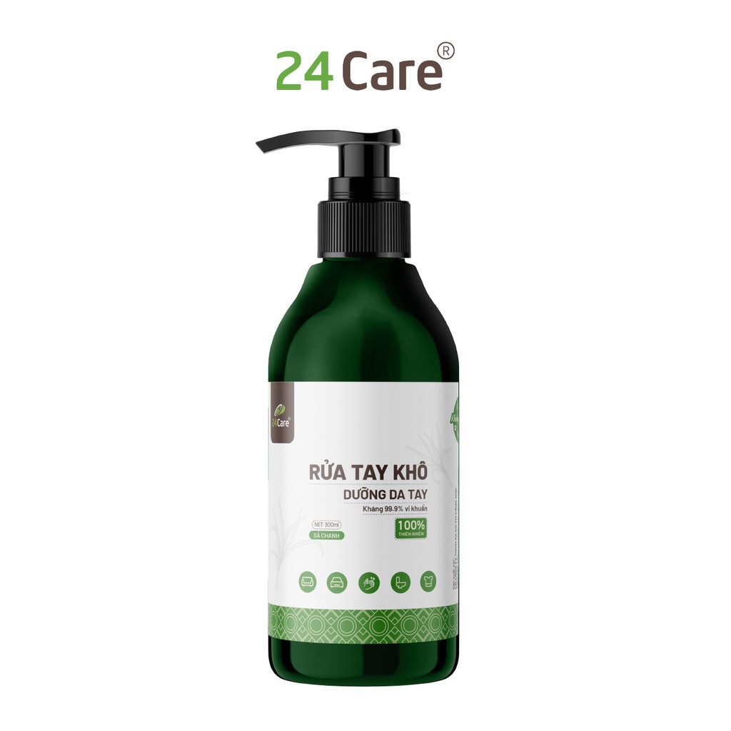 [DIỆT KHUẨN] Nước rửa tay khô tinh dầu Sả Chanh 24Care nguồn gốc thiên nhiên 300ML- diệt khuẩn 99,9%