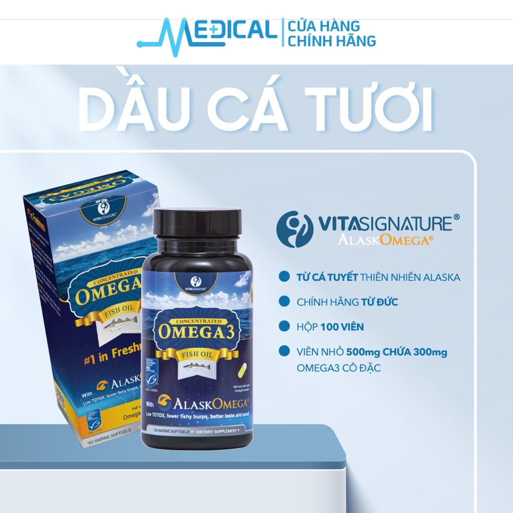 Dầu cá tươi VitaSignature AlaskOmega 3 Fish Oil chính hãng Đức &quot;CHAI 100 VIÊN &quot;- MEDICAL