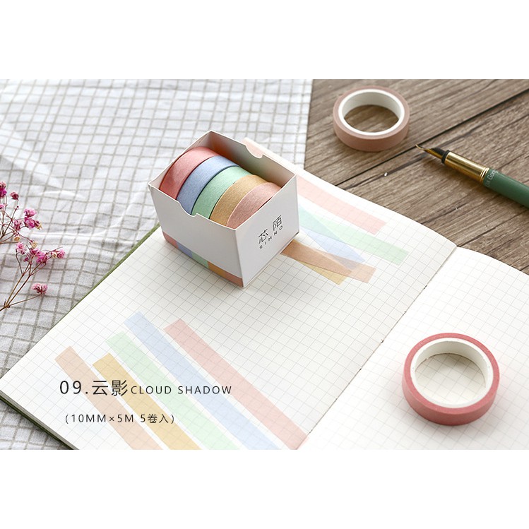 Set Washi tape băng dính pastel 5 cuộn đơn sắc X-MO trang trí sổ tay, Nhật ký, làm Bullet Journal