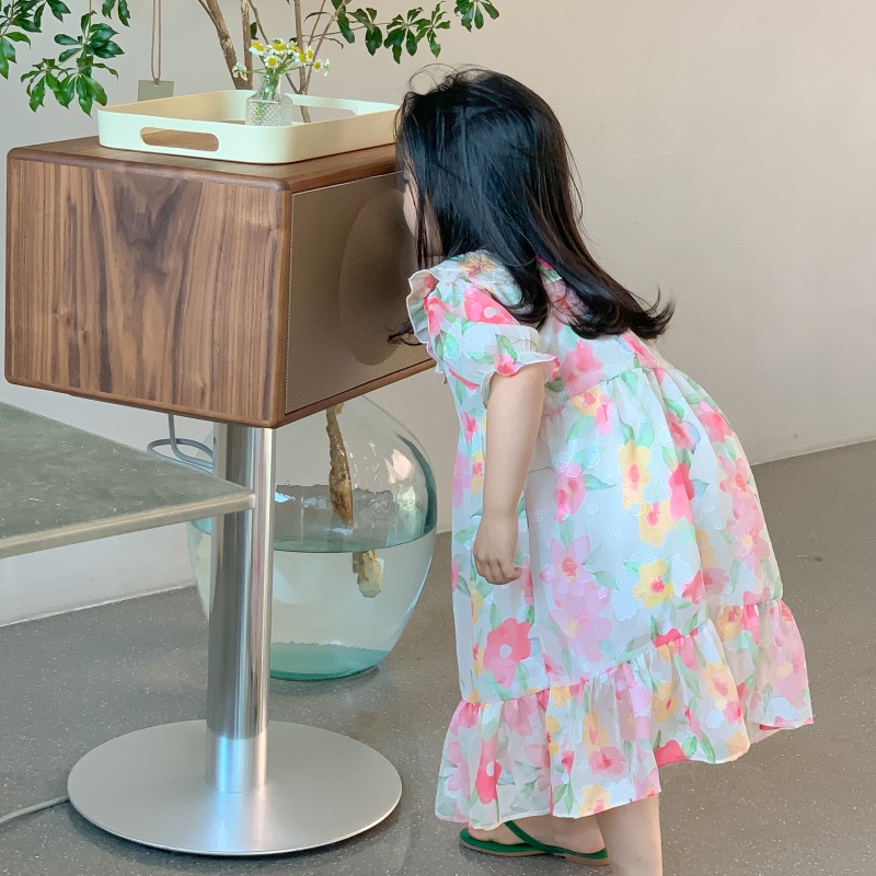 Đầm Tay Ngắn Họa Tiết Tranh Sơn Dầu Thời Trang Mùa Hè Dành Cho Bé Gái