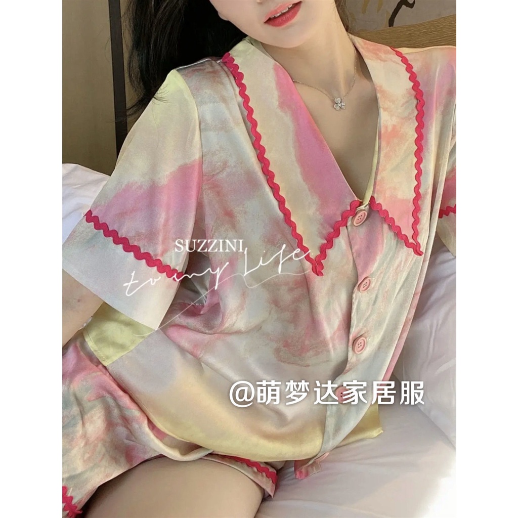 Bộ Đồ Ngủ Ngắn Tay Họa Tiết Màu Nhuộm Thời Trang Mùa Hè Cho Nữ
