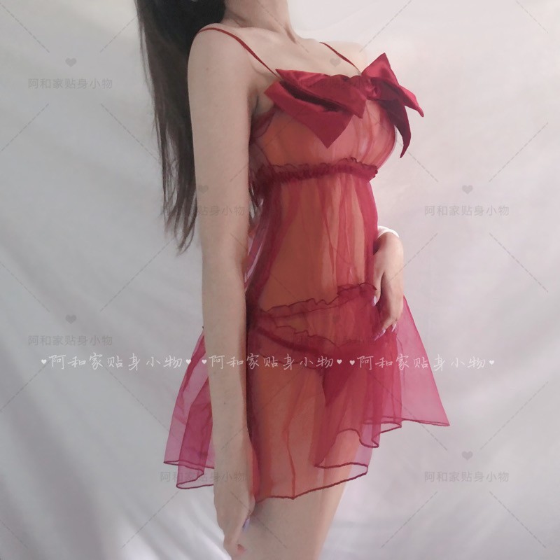 Set đầm ngủ phối lưới đính nơ + quần lót lọt khe quyến rũ cho nữ | BigBuy360 - bigbuy360.vn