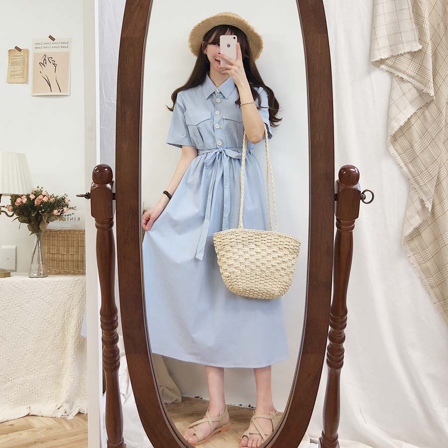 Đầm midi ngắn tay kẻ sọc cổ cao thanh lịch nữ tính 36241