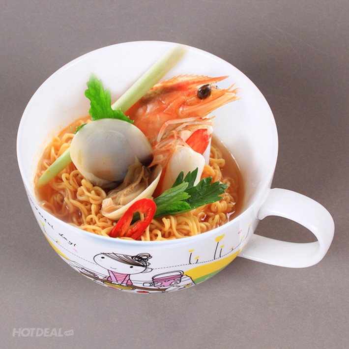 Ly sứ ăn mì/uống nước có quai có nắp đậy chân không in hình ngẫu nhiên