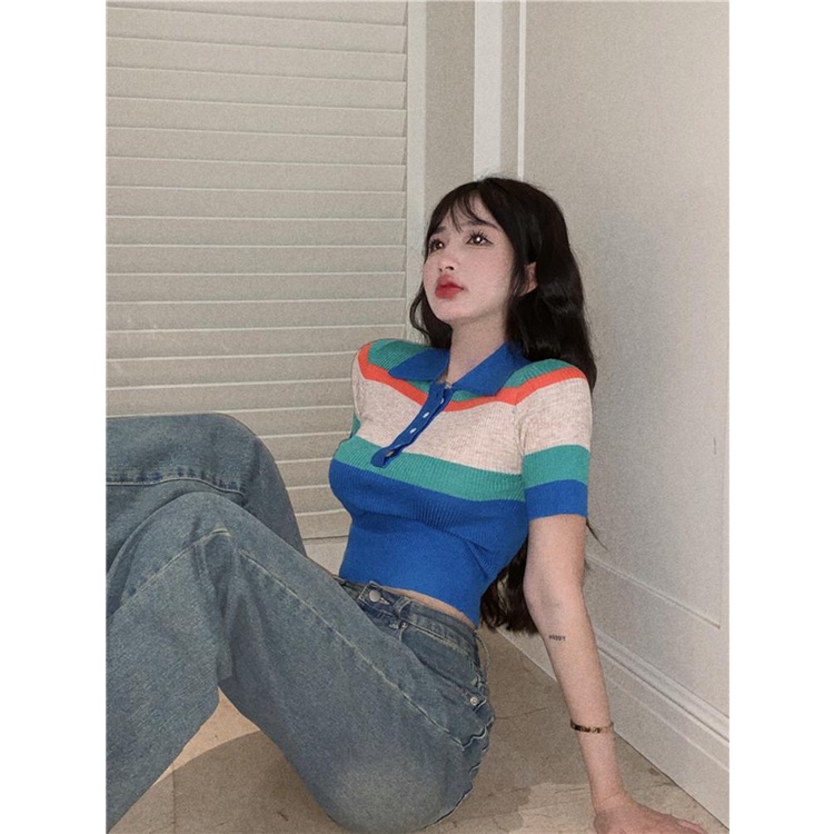 Cocory vn Áo Croptop Dệt Kim Tay Ngắn Cổ Polo Họa Tiết Kẻ Sọc Thời Trang Quyến Rũ Cho Nữ