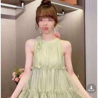 Đấm nữ cổ yếm dáng chữ A, đầm nữ dáng xòe ngang gối chất tơ hàng Quảng Châu