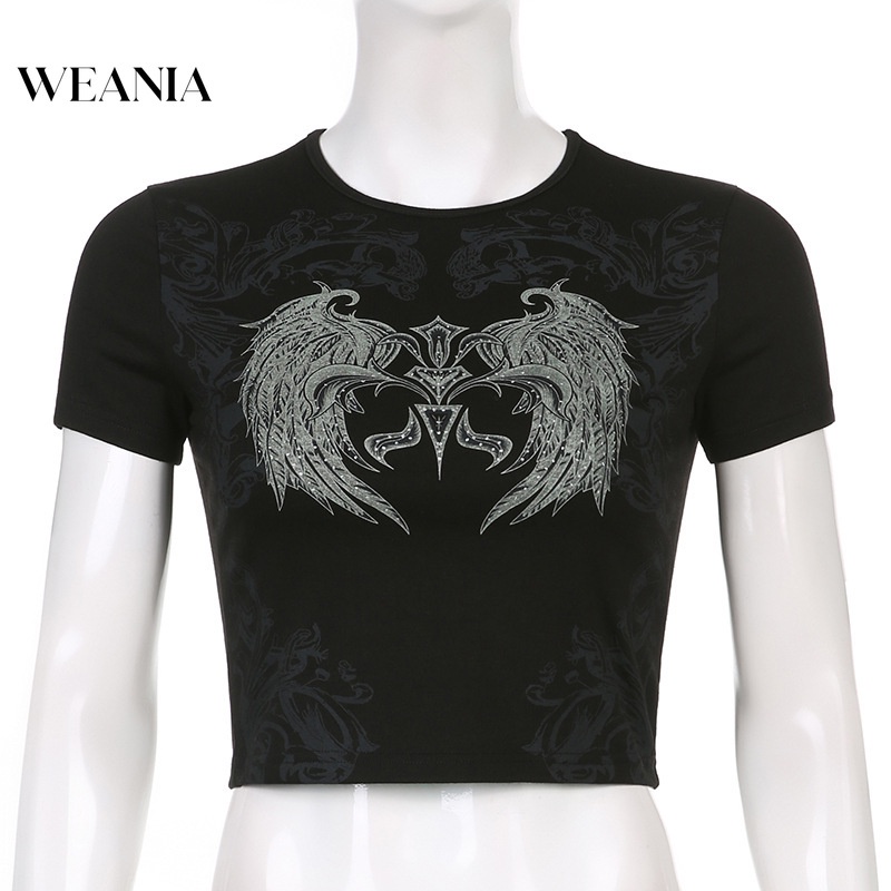 Áo Thun Crop Top In Hình Đôi Cánh Đính Đá Lấp Lánh Kiểu Đường Phố Cho Nữ