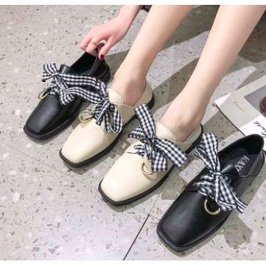 [ORDER] GIÀY OXFORD NỮ MŨI VUÔNG THẮT NƠ KẺ CARO