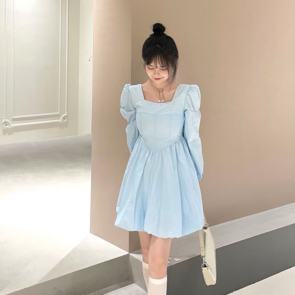 Đầm Tay Dài Cổ Vuông Thiết Kế Mới Xinh Xắn Thời Trang Dành Cho Nữ