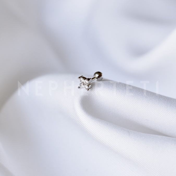 Khuyên tai bạc 925 mini - Hoa đá bốn cánh chốt bi vặn  - Nepherteti