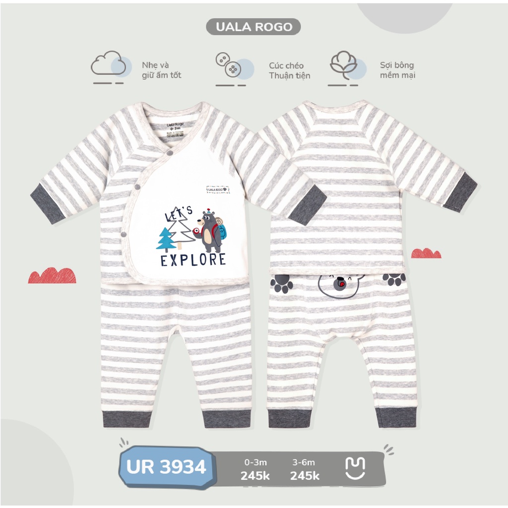 Bộ Uala Rogo Cotton sơ sinh kẻ phối màu gấu teddy cài chéo cao cấp mềm mịn thấm hút tốt cho bé trai bé gái 3934